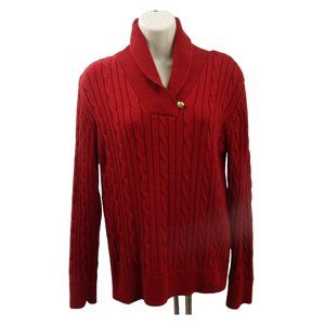 CHAPS Sweater Sz Large Red Cable Knit Collared Pullover 100% Cotton Long Sleeve